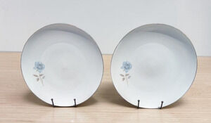 Noritake Simone 6407 Set of 2 Dinner Plates 10.5" Blue Rose Platinum Trim 1970s